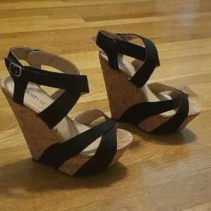 Ladies Cork & Black Strap Platform Wedges